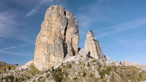 Beautiful-Establishing-Shot-of-Cinque-Torri-in-Italian-Dolomites-on-Clear-Day