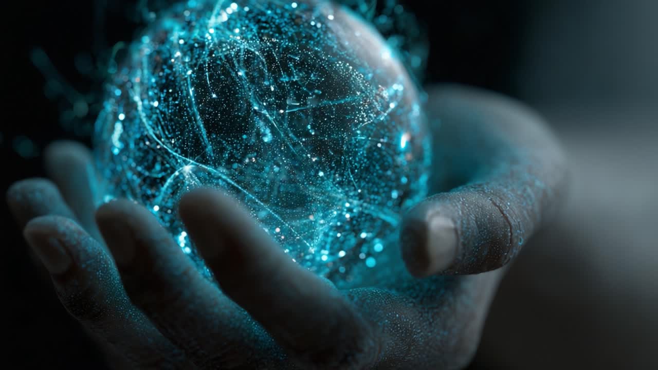 A Mystical Sphere of Energy: Capturing the Glimmering Essence of Light and Intricacy Within a Human Hand, Symbolizing Connection and Wonder of the Universe