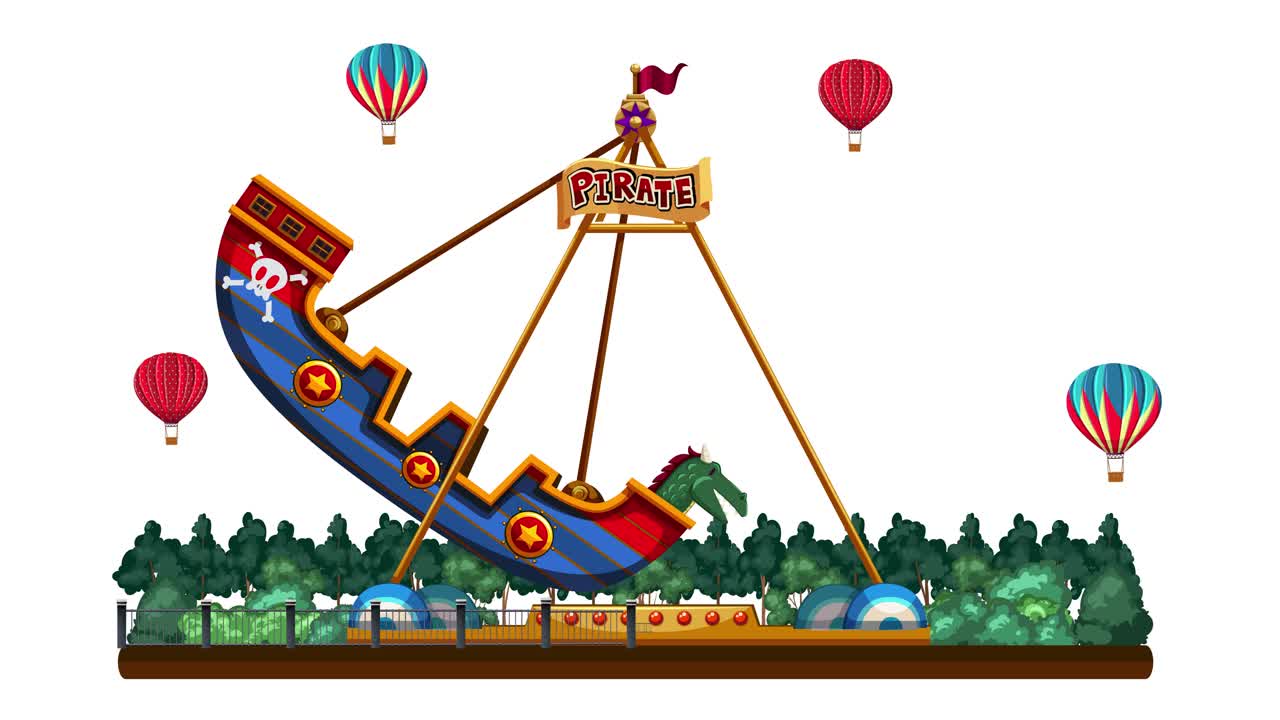 애니메이션 해적 선박이 박람회에서 흔들리고 있습니다.