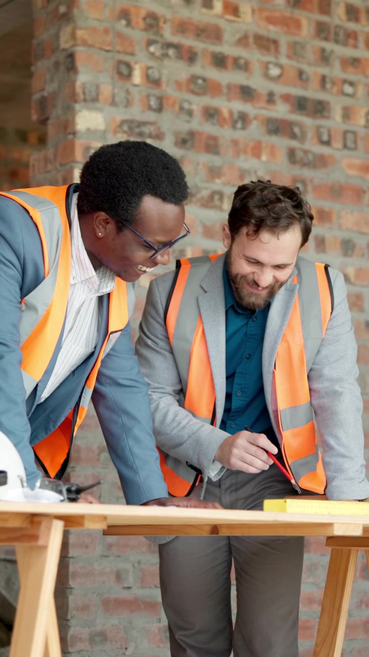 Two Architects Reviewing Blueprints at Construction Site