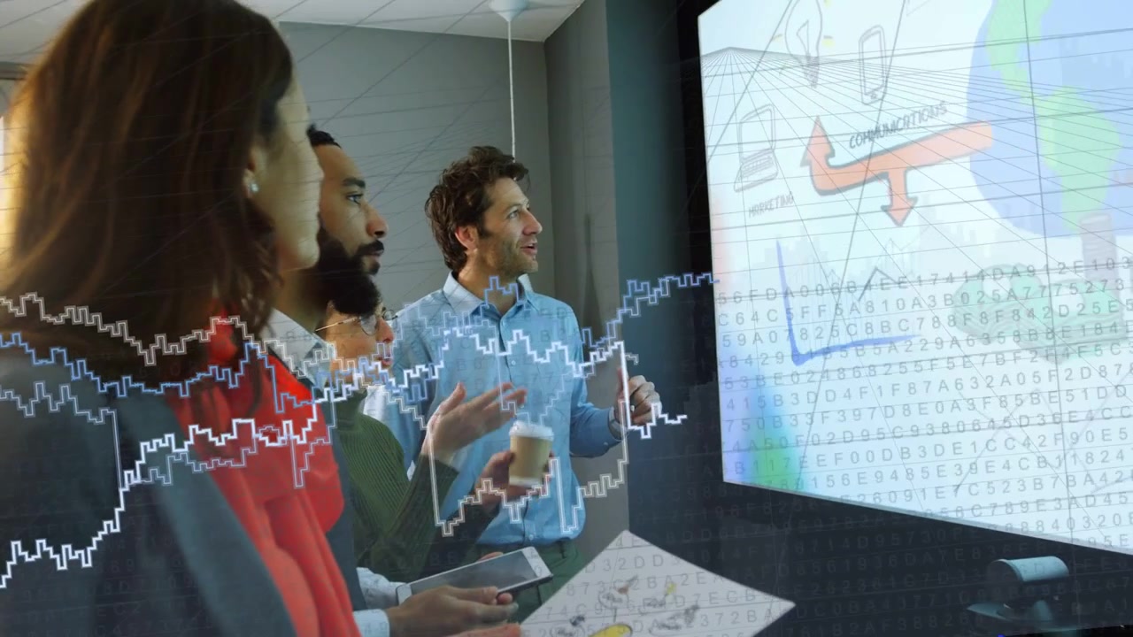 Presenter tapping screen team leaning in and analyzing animated flight maps, waveforms for planning