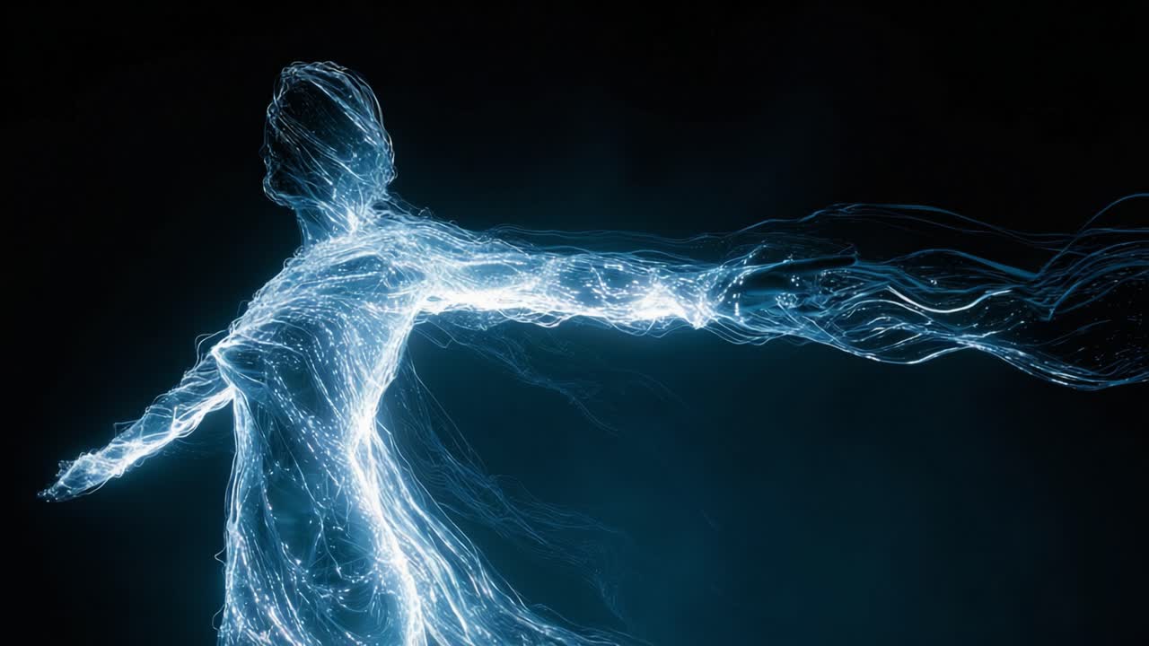 Beautiful spiritual animation of a human soul or astral body made of glowing light particles dissolving and flowing into the darkness, representing concepts like death, afterlife, and metaphysics