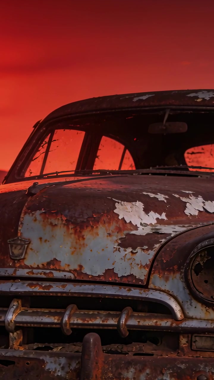 Vertikales Video: Schwenkende Kamera zeigt eine verrostete Limousine, die auf einem Feld unter rotem Himmel steht, mit Chromgrill.