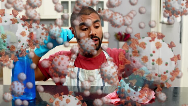 Virus Covid-19 che si muovono contro un uomo che pulisce casa