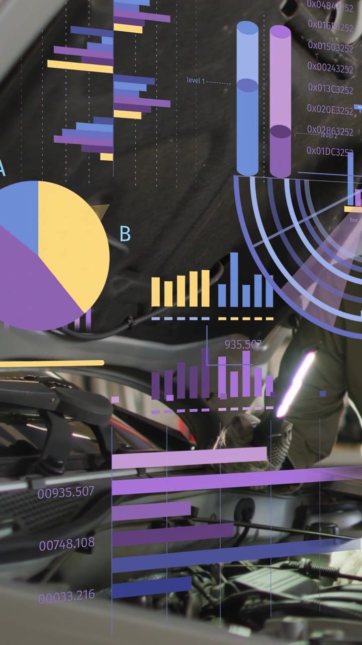 Vertical video: Female tech plugging cable, inspecting engine and monitoring diagnostic overlay