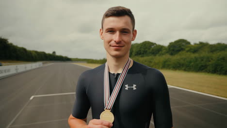 cyclist with gold medal on a track