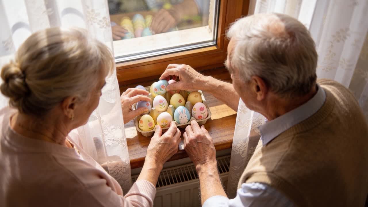 Noticing light, senior couple in pink, blue tops arranging pastel egg carton at window for Easter