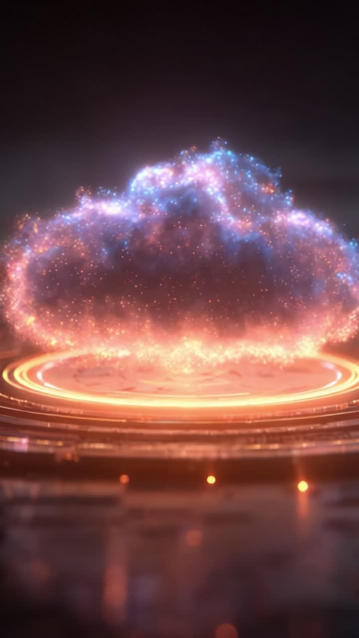 Eine beeindruckende Visualisierung einer ätherischen Wolke mit glühenden Partikeln und strahlender kreisförmiger Basis, eingefangen in zwei dynamischen Frames für einen faszinierenden Effekt