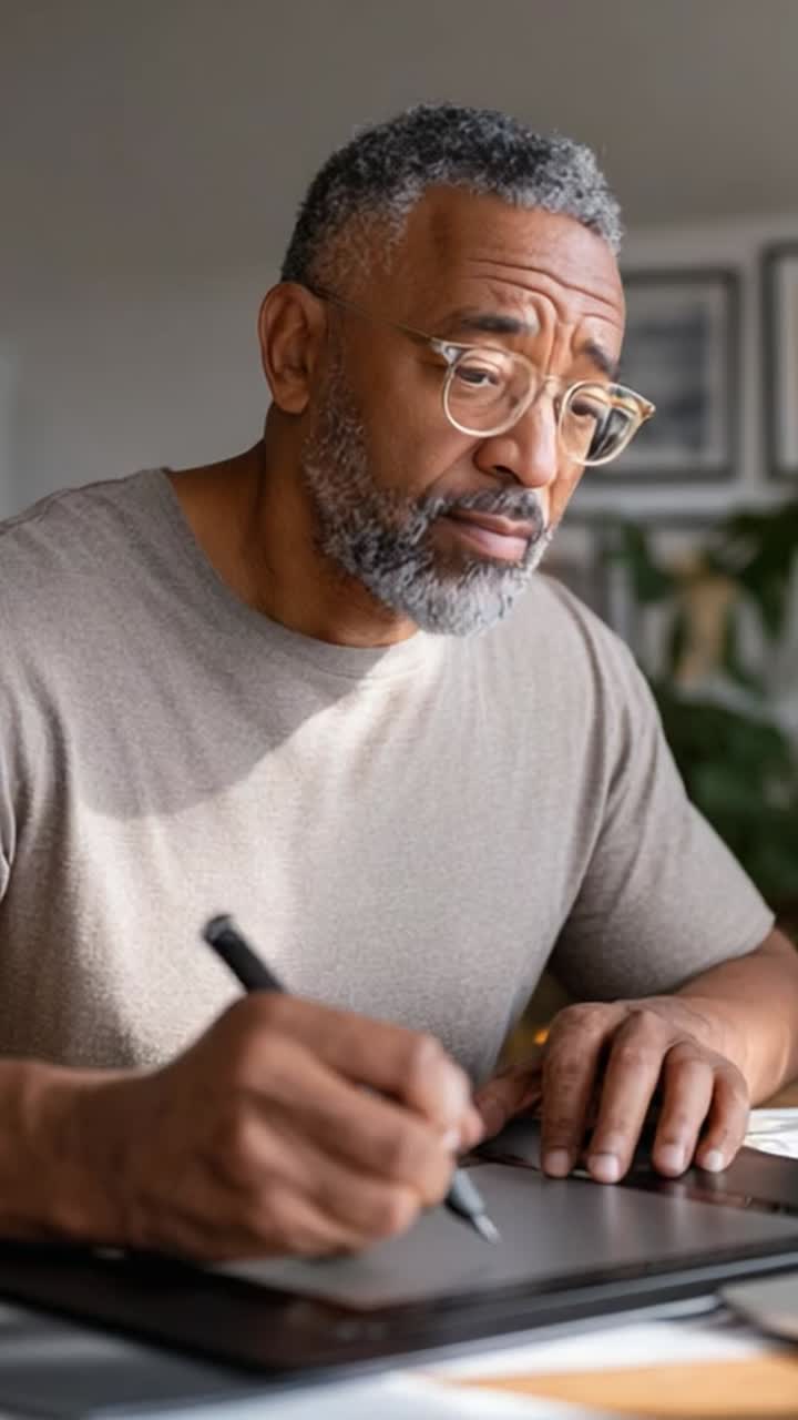 Concentrated Individual Engaged in Digital Art Creation with a Tablet, Deliberately Sketching and Reflecting on Creative Ideas in a Bright Workspace