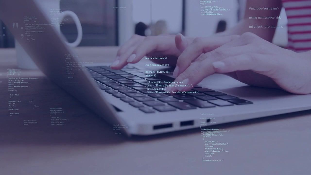 Woman reaching laptop keyboard pressing keys and typing code causing overlaying code lines near mug