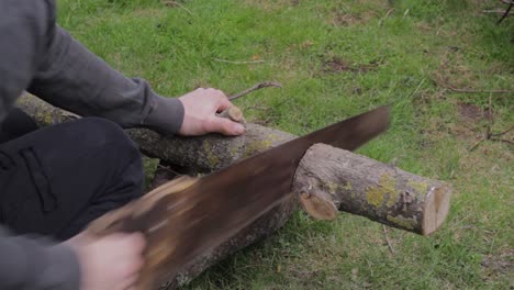 struggling to cut jungle wood with blunt handsaw