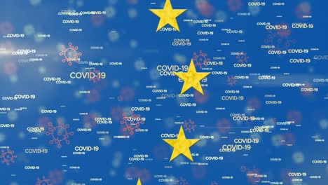 Digitales-Zusammengesetztes-Video-Von-Covid-19-Text-Und-Zellen,-Die-Sich-Vor-Der-EU-Flagge-Im-Hintergrund-Bewegen