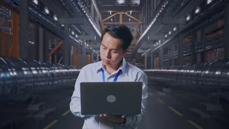 man working on laptop in a factory