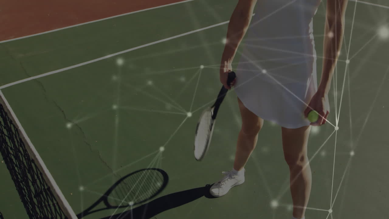 female tennis player swinging racket on court, with network overlay highlighting sports technology