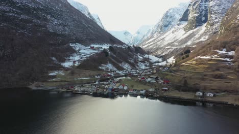 undredal norway - drone aerial panoramic view from seaside during winter season