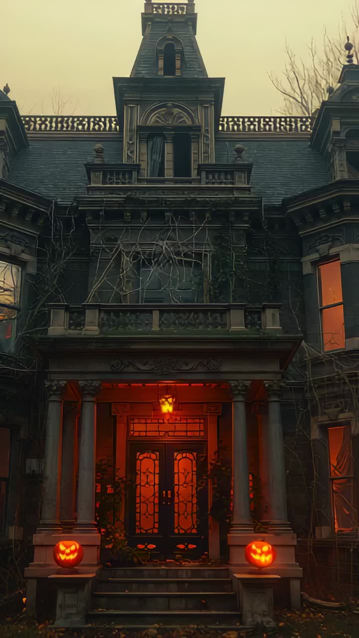 Vertical video: Flickering red lantern and pumpkin lights casting shadows on mansion facade at dusk
