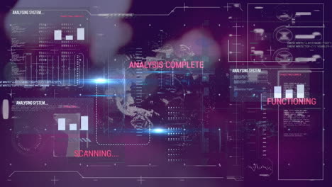 animation of interface with data processing over spinning globe against night city traffic