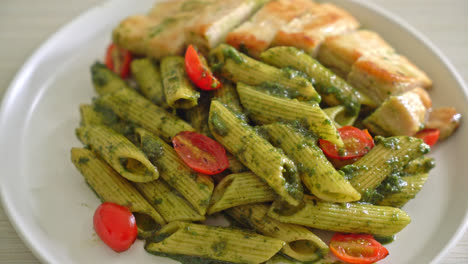 homemade-penne-pasta-in-pesto-sauce-with-grilled-chicken