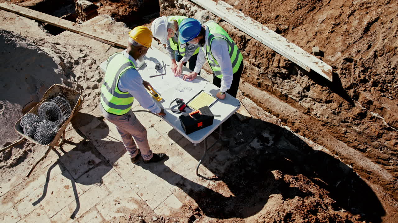 Construction workers reviewing blueprints on site