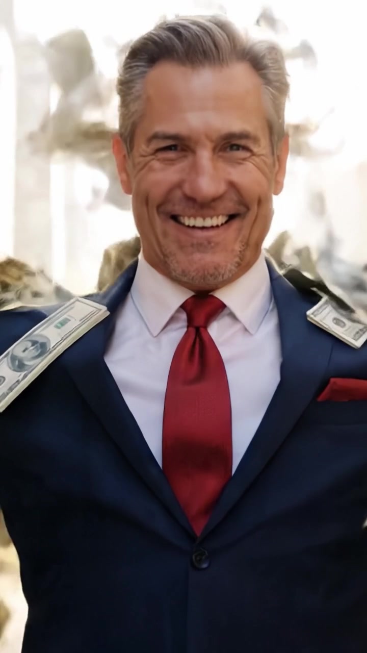 Un uomo d'affari fiducioso irradia carisma e successo, celebrando con denaro in mano, in un vivace sfondo urbano, rappresentando il successo finanziario e l'ambizione.