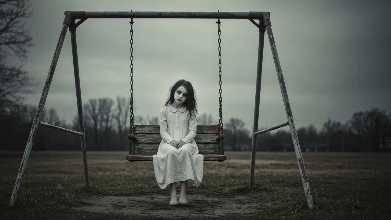 Una scena inquietante di una ragazza pallida in un vestito bianco seduta da sola su un'altalena in un parco abbandonato, evocando un'atmosfera oscura e inquietante di isolamento.