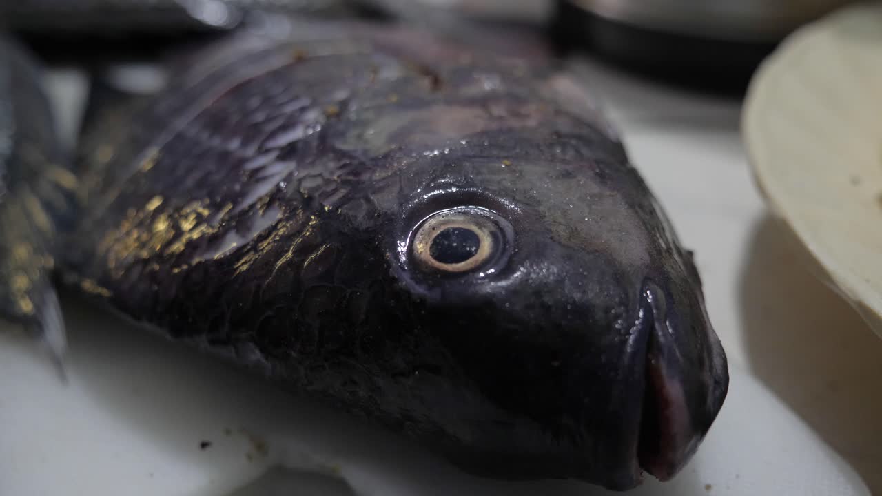 Un primo piano del viso e degli occhi di un pesce tilapia in una cucina.