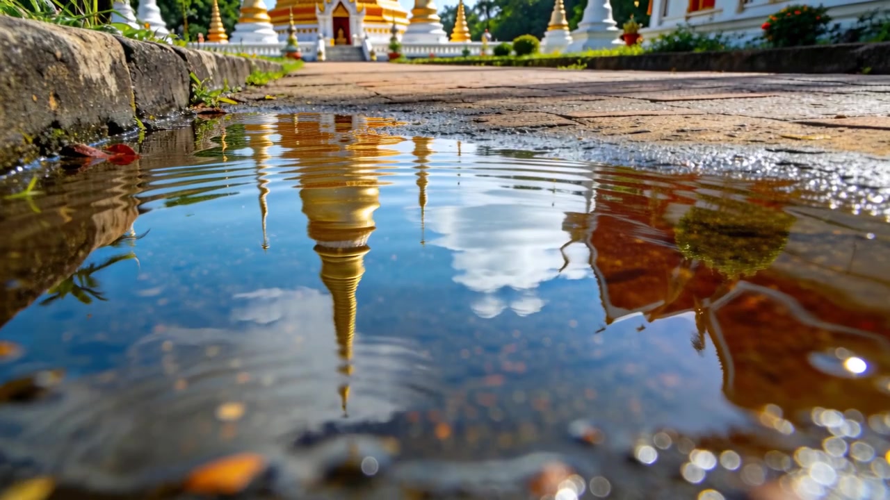 Rippling golden stupa reflection shifting from single drop in shallow puddle on temple walkway
