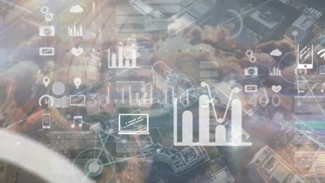 Animation-of-network-of-connections-with-icons-and-data-processing-over-cityscape