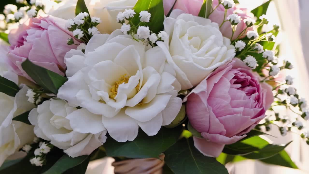 Close-up video of a bridal bouquet with white and pink roses, captured from a low angle