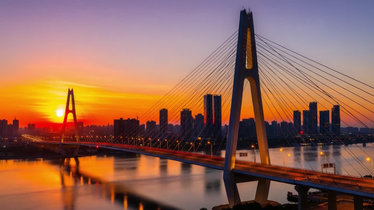 Stunning Sunset Over a Modern Cityscape Featuring a Majestic Bridge and Reflective River, Capturing the Beauty of Urban Architecture and Natural Light