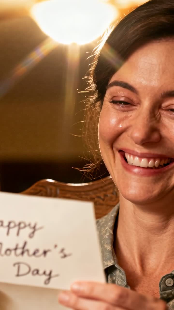 Vertical video: Reading woman in blouse holding Mother's Day card, crying at dining table