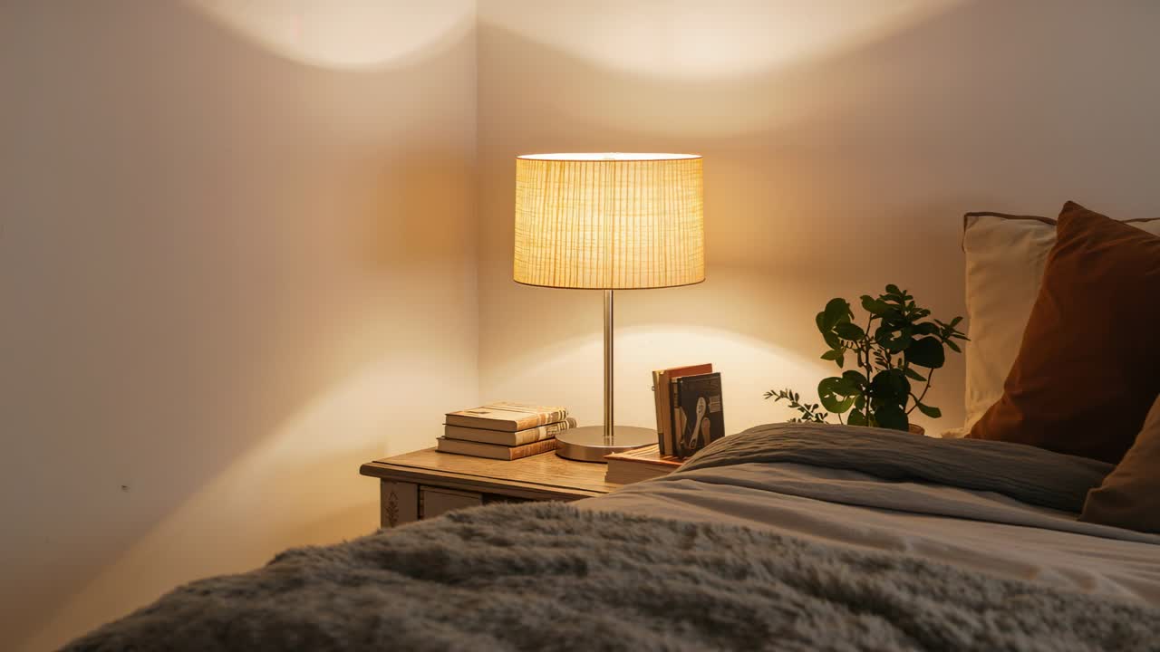 Switching on, pleated lamp providing warm light in bedroom over nightstand with books, card, plant