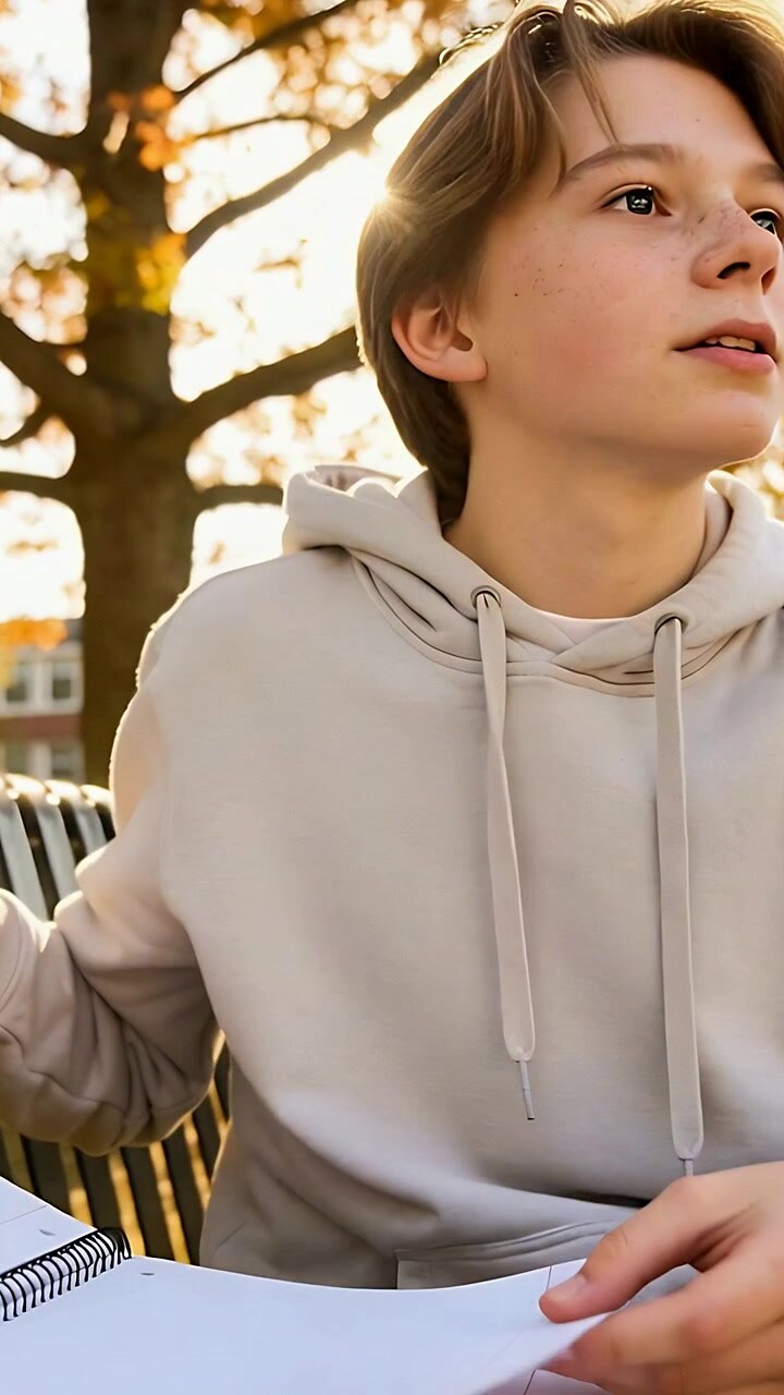Vertical video: Glancing at smartwatch, teen riffling notebook on park bench reading notes, hoodie