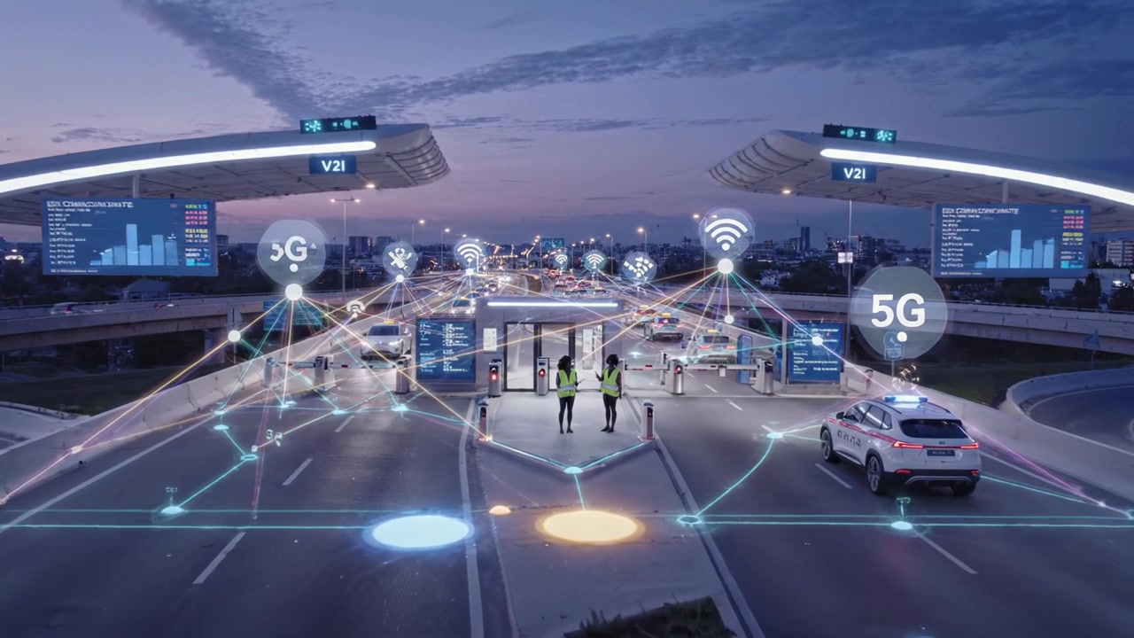 Centro di traffico di città intelligente con veicoli connessi e tecnologia 5G che integrano i sistemi di trasporto urbano in un paesaggio urbano moderno al crepuscolo