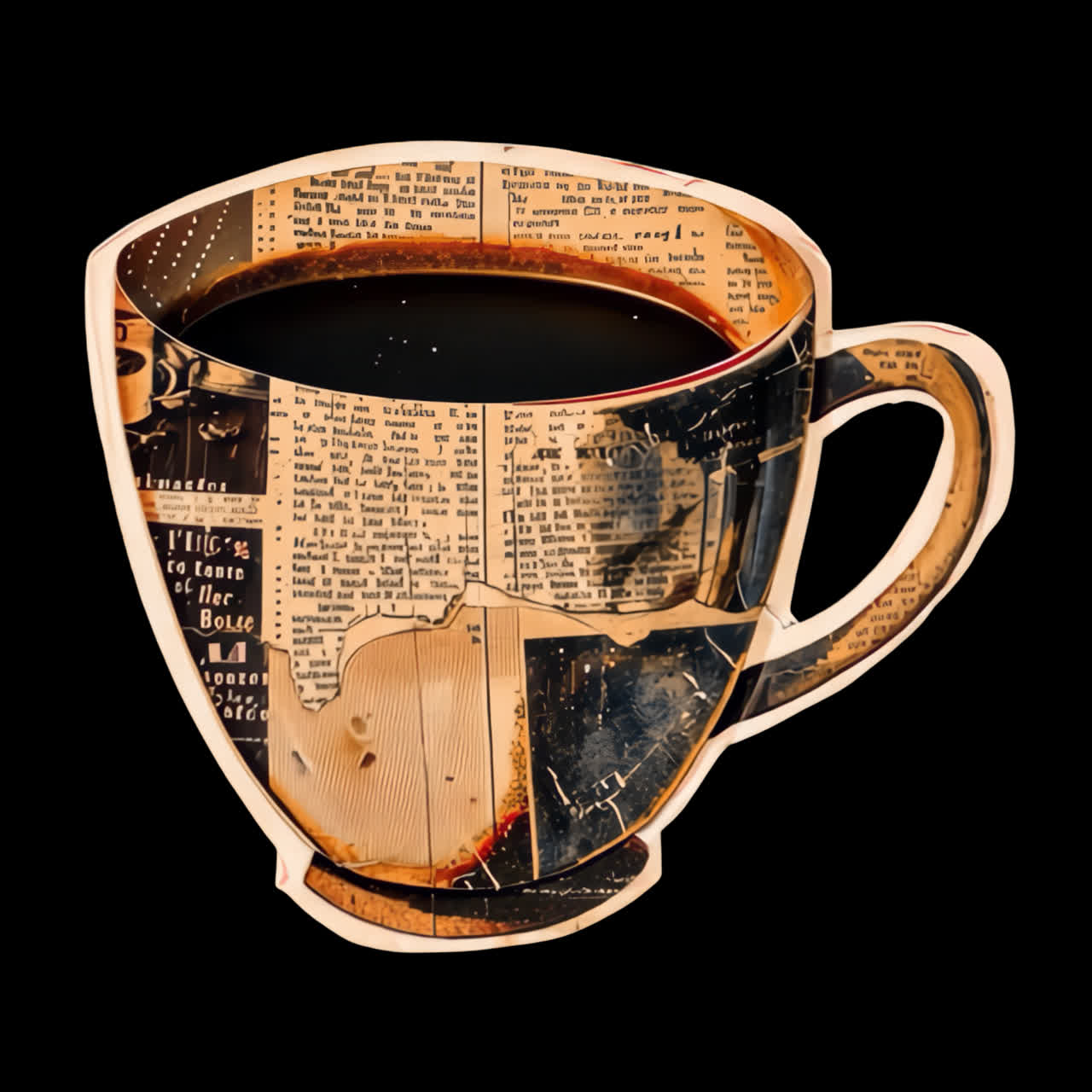 Artistic coffee cup collage animation isolated asset, transparent 4K video, alpha channel, ProRes