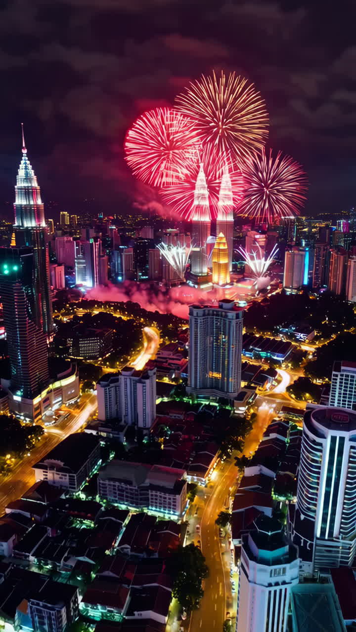 Paesaggio urbano di Kuala Lumpur di notte con fuochi d'artificio