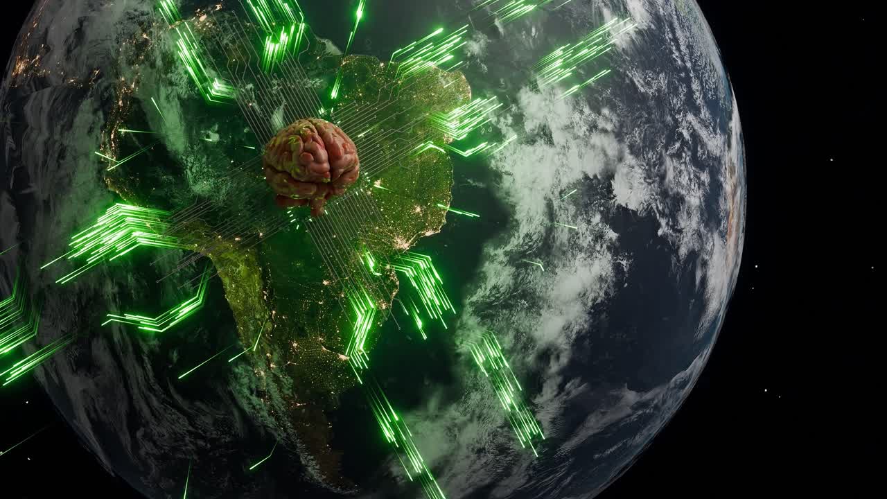 Planet Earth showing South America from space with human brain and green digital network lines. Artificial intelligence and technological evolution concept for poster and wallpaper.