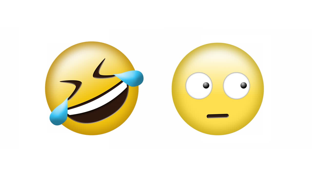 Animation of laughing and rolling eyes emoji icons over white background