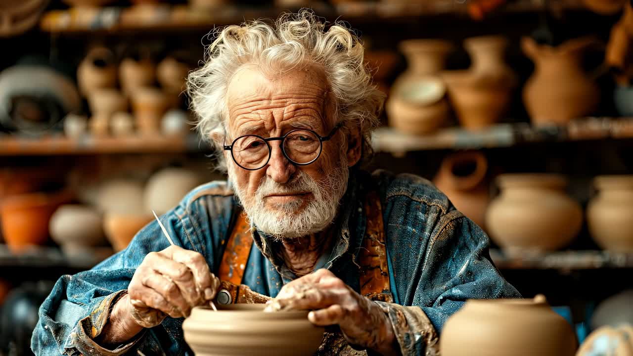 Anziano vasaio modella argilla in laboratorio. Un anziano lavora alla modellazione di una ciotola di argilla in un laboratorio di ceramica pieno di vasi e attrezzi durante il giorno.