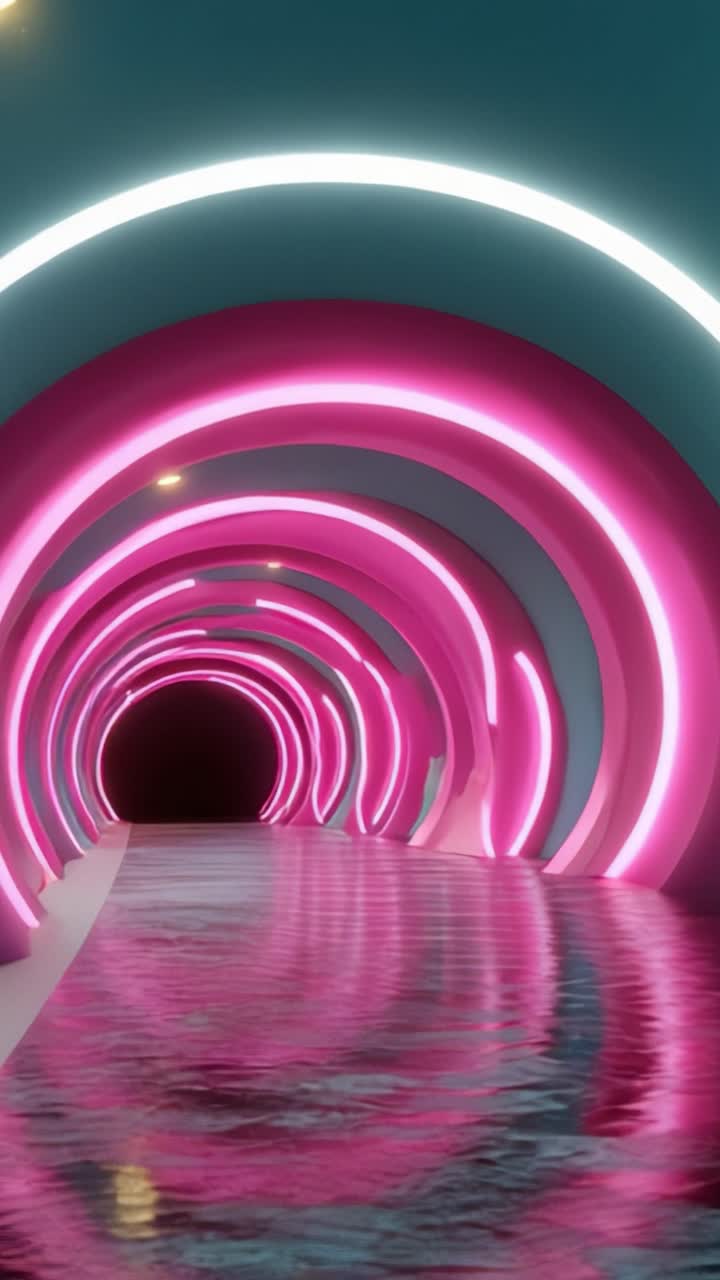 Túnel Futurista com Luzes Neon Vibrantes e Superfície de Água Reflexiva Criando uma Experiência Visual Imersiva de Profundidade e Brilho Colorido
