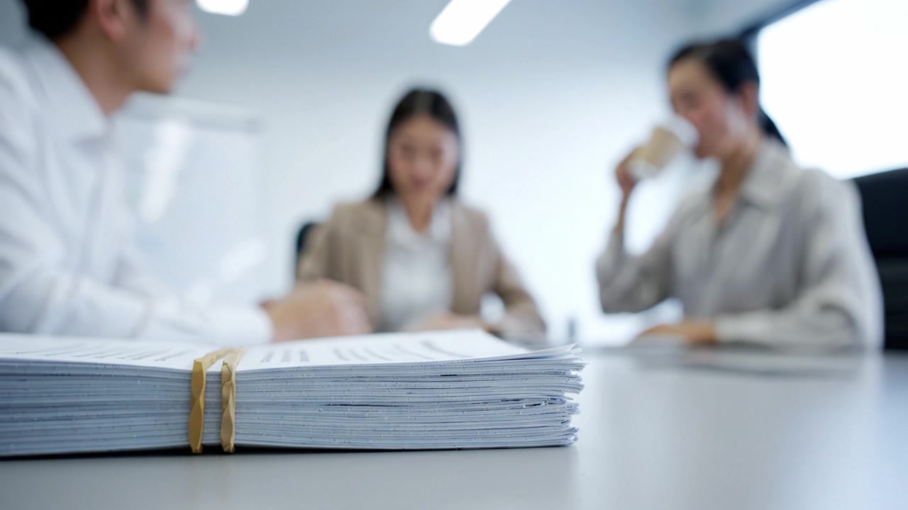 Professional discussion among three colleagues at a meeting, focused on paperwork, collaboration, and decision-making in a modern office environment.