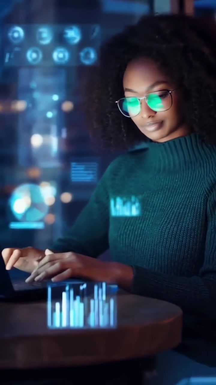 Ung afroamerikansk kvinde, der analyserer data med futuristisk holografisk interface