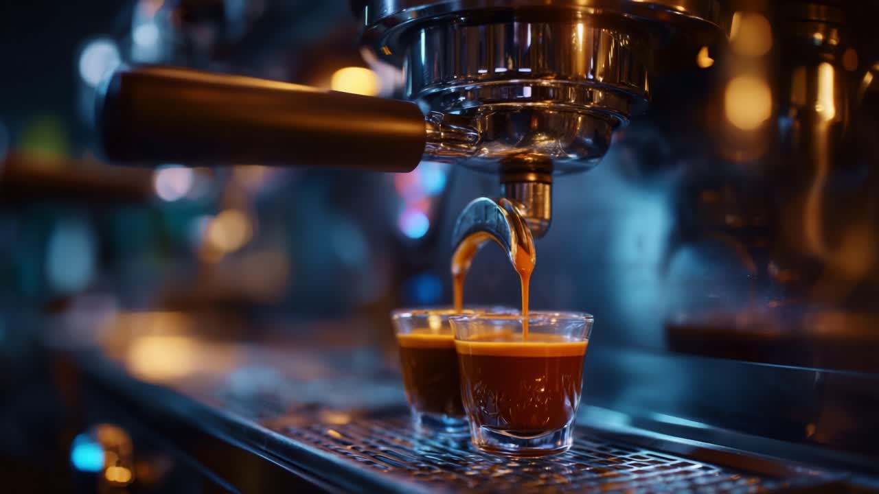 Primo piano di un espresso preparato con una macchina per espresso di alta qualità, che mostra la ricca crema e la superficie lucida dei caffè appena versati.