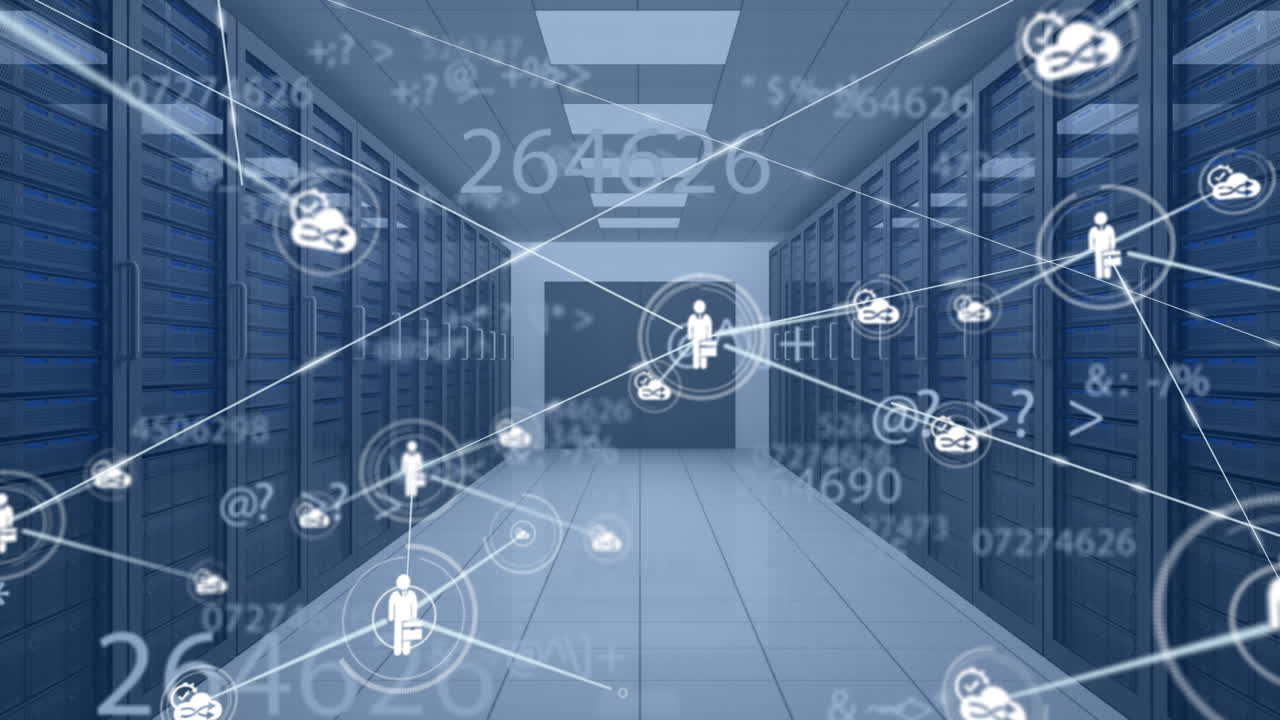 컴퓨터 서버를 통해 디지털 아이콘과 숫자를 가진 연결 네트워크의 애니메이션