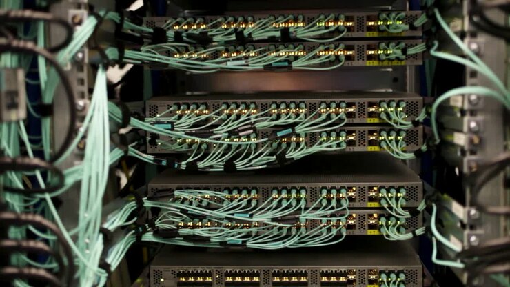 Many hard drives in a server room, close-up tilt up, datacenter