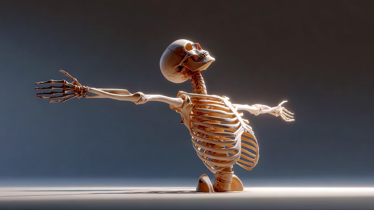 A Playful Skeletal Figure in Dynamic Pose, Showcasing Curved Spine, Outstretched Arms, and Stylish Anatomy, Enhancing Visual Appeal Through Artistic Representation and Digital Design