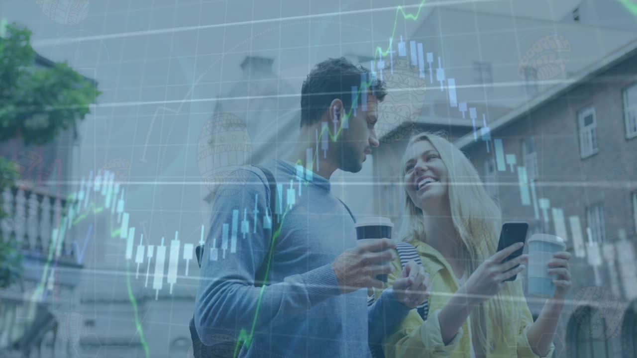 animación de gráficos con números cambiantes sobre una pareja caucásica hablando mientras beben café