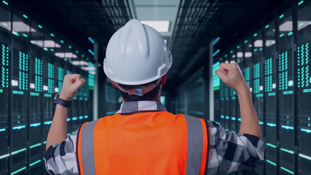 Close Up Back View Of A Male Engineer With Safety Helmet Raising His Hands Celebrating While Working in Server Room Data Center