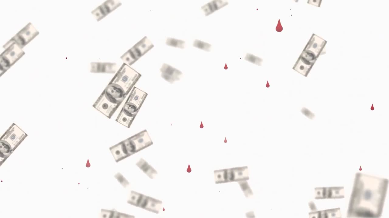 Animazione di gocce di sangue e banconote che cadono su sfondo bianco