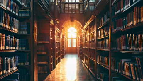 sunlit library aisle with bookshelves on both sides, captured from a low-angle